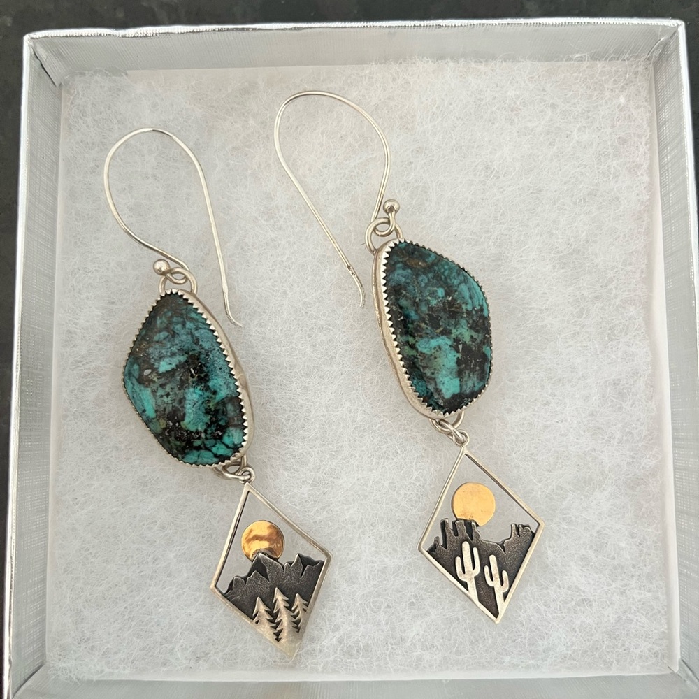 Stunning emerald turquoise and sterling silver earrings — mountains meet desert!